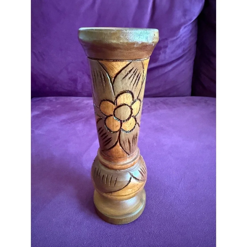 Hand Carved Vtg Wood Vase Flower Tiki Bar MCM Standing 8.25